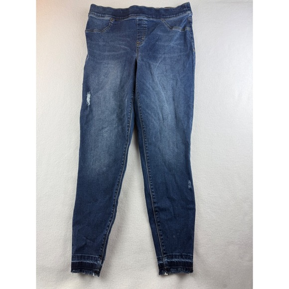 Spanx XL Denim Jeggings Pull On Distressed Frayed Hem Dark Wash Comfort Stretch - Picture 1 of 7